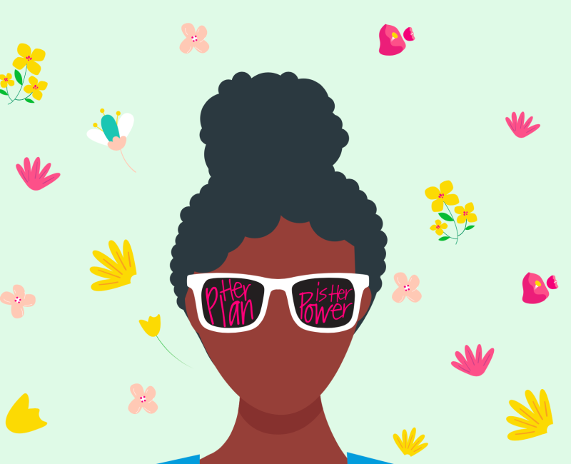 Illustration of woman with hair up, wearing sunglasses which say Her Plan is Her Power on the lenses.